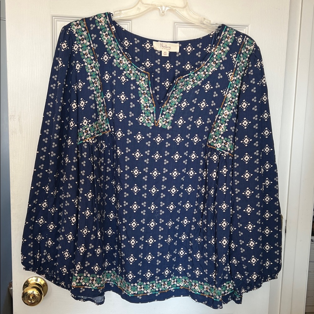 Nurture By Westbound Womens Embroidered Blue Blouse W Long Sleeves Size 3 XL